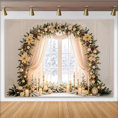 Lofaris Elegant Golden Christmas Window Backdrop with Snowy View, Festive Holiday Decor for Winter Photography