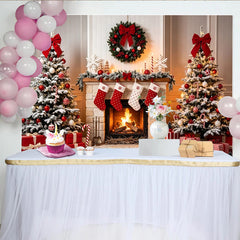 Lofaris Cozy Christmas Fireplace Backdrop with Snow Dusted Trees and Gifts, Festive Holiday Background for Family Photos and Winter Decor