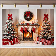 Lofaris Cozy Christmas Fireplace Backdrop with Snow Dusted Trees and Gifts, Festive Holiday Background for Family Photos and Winter Decor