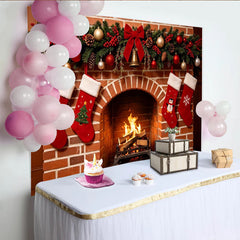 Lofaris Cozy Christmas Fireplace Backdrop with Stockings and Garland, Warm Holiday Background for Family Photos and Winter Decor.