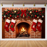 Lofaris Cozy Christmas Fireplace Backdrop with Stockings and Garland, Warm Holiday Background for Family Photos and Winter Decor.