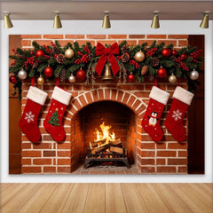 Lofaris Cozy Christmas Fireplace Backdrop with Stockings and Garland, Warm Holiday Background for Family Photos and Winter Decor.