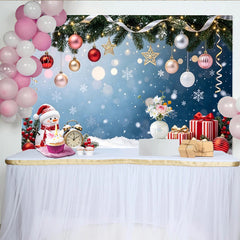 Lofaris Festive Christmas Backdrop with Snowman, Gifts, and Ornaments, Snowy Winter Holiday Background for Photography and Party Decor