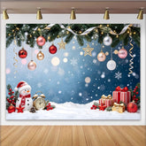 Lofaris Festive Christmas Backdrop with Snowman, Gifts, and Ornaments, Snowy Winter Holiday Background for Photography and Party Decor