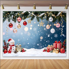 Lofaris Festive Christmas Backdrop with Snowman, Gifts, and Ornaments, Snowy Winter Holiday Background for Photography and Party Decor
