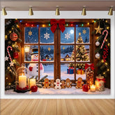 Lofaris Cozy Christmas Window Backdrop with Snowman and Gingerbread Men, Festive Winter Scene Background for Holiday Decor