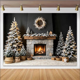 Lofaris Cozy Christmas Fireplace Backdrop with Snowy Trees and Warm Lights, Elegant Winter Holiday Background for Family Photoshoot