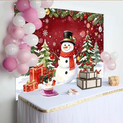 Lofaris Watercolor Christmas Backdrop with Snowman, Pine Trees and Gift Boxes, Festive Winter Holiday Background for Family Photoshoot