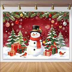 Lofaris Watercolor Christmas Backdrop with Snowman, Pine Trees and Gift Boxes, Festive Winter Holiday Background for Family Photoshoot