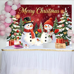 Lofaris Merry Christmas Snowman and Tree Holiday Backdrop with Festive Gifts and Falling Snow, Winter Wonderland Photo Background for Party