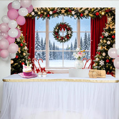 Lofaris Cozy Christmas Window Scene Backdrop with Snowy Winter Landscape, Festive Holiday Background for Studio Photography