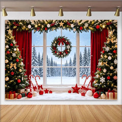 Lofaris Cozy Christmas Window Scene Backdrop with Snowy Winter Landscape, Festive Holiday Background for Studio Photography