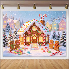 Lofaris Sweet Gingerbread House Christmas Backdrop with Candy and Snow, Winter Wonderland Background for Holiday Party Decoration