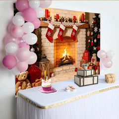 Lofaris Cozy Christmas Fireplace Backdrop with Decorated Trees and Gifts, Festive Holiday Photography Background for Winter Party Decor