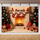 Lofaris Cozy Christmas Fireplace Backdrop with Decorated Trees and Gifts, Festive Holiday Photography Background for Winter Party Decor