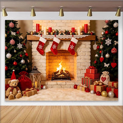 Lofaris Cozy Christmas Fireplace Backdrop with Decorated Trees and Gifts, Festive Holiday Photography Background for Winter Party Decor