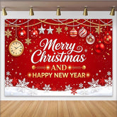 Lofaris Red Merry Christmas and Happy New Year Holiday Backdrop, Golden Ornaments and Snowflakes Background for Festive Party Decor