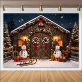 Lofaris Snowy Christmas Barn Photography Backdrop with Festive Garlands and Snowmen, Winter Wonderland Studio Background for Holiday Portraits