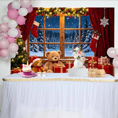Lofaris Cozy Christmas Window Photography Backdrop with Snowy Forest and Festive Decor, Warm Holiday with Teddy Bears and Gifts for Photo