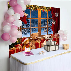 Lofaris Cozy Christmas Window Photography Backdrop with Snowy Forest and Festive Decor, Warm Holiday with Teddy Bears and Gifts for Photo