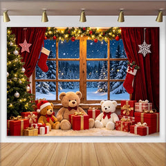 Lofaris Cozy Christmas Window Photography Backdrop with Snowy Forest and Festive Decor, Warm Holiday with Teddy Bears and Gifts for Photo
