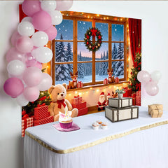 Lofaris Cozy Christmas Window Backdrop with Snowy Forest and Festive Decor, Winter Holiday Photography Background for Parties