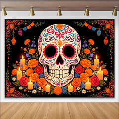 Lofaris Colorful Sugar Skull Day of the Dead Backdrop, Vibrant Mexican Fiesta Party Decor with Flowers and Candles.