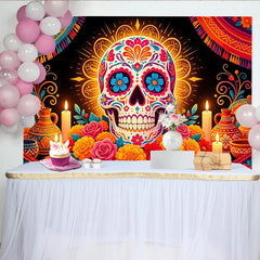 Lofaris Vibrant Sugar Skull Mexican Fiesta Backdrop with Colorful Flowers, Festive Party Decor for Holiday Event Photography