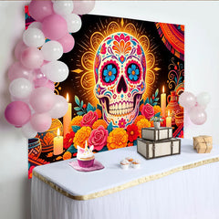Lofaris Vibrant Sugar Skull Mexican Fiesta Backdrop with Colorful Flowers, Festive Party Decor for Holiday Event Photography