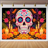 Lofaris Vibrant Sugar Skull Mexican Fiesta Backdrop with Marigold Flowers and Candles, Festive Day of the Dead Party Background Decor