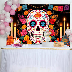 Lofaris Vibrant Mexican Fiesta Backdrop with Sugar Skull and Colorful Flowers, Festive Party Decor for Day of the Dead Celebration