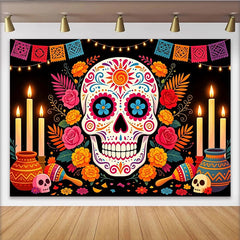 Lofaris Vibrant Mexican Fiesta Backdrop with Sugar Skull and Colorful Flowers, Festive Party Decor for Day of the Dead Celebration
