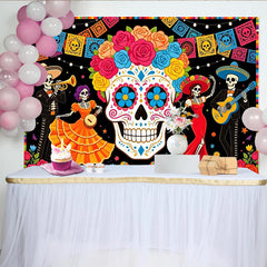 Lofaris Colorful Sugar Skull Mexican Fiesta Backdrop with Dancing Skeletons and Papel Picado, Vibrant Party Decoration for Celebration
