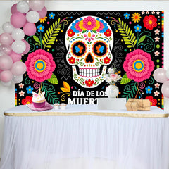 Lofaris Vibrant Dia de los Muertos Backdrop with Colorful Sugar Skull and Floral Patterns, Festive Mexican Holiday Background for Celebration