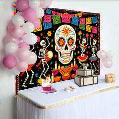 Lofaris Colorful Mexican Fiesta Backdrop with Sugar Skull and Papel Picado, Festive Day of the Dead Photography Background