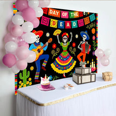 Lofaris Vibrant Day of the Dead Photography Backdrop with Skeletons and Music, Festive Mexican Fiesta Celebration Background for Party Decor