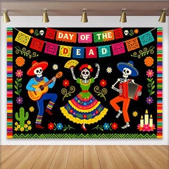 Lofaris Vibrant Day of the Dead Photography Backdrop with Skeletons and Music, Festive Mexican Fiesta Celebration Background for Party Decor