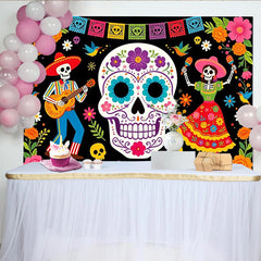 Lofaris Vibrant Mexican Fiesta Backdrop with Sugar Skulls and Skeletons, Colorful Photo Background for Day of the Dead Celebration