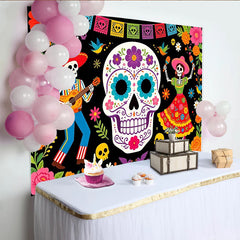 Lofaris Vibrant Mexican Fiesta Backdrop with Sugar Skulls and Skeletons, Colorful Photo Background for Day of the Dead Celebration
