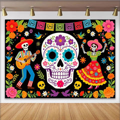 Lofaris Vibrant Mexican Fiesta Backdrop with Sugar Skulls and Skeletons, Colorful Photo Background for Day of the Dead Celebration