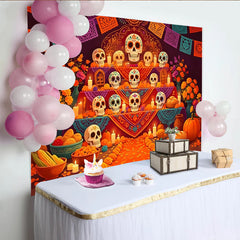Lofaris Vibrant Dia de Muertos Backdrop with Sugar Skulls and Marigold Flowers, Colorful Altar Background for Mexican Holiday Party Decor
