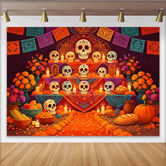 Lofaris Vibrant Dia de Muertos Backdrop with Sugar Skulls and Marigold Flowers, Colorful Altar Background for Mexican Holiday Party Decor
