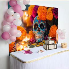 Lofaris Vibrant Mexican Fiesta Backdrop with Sugar Skull and Marigold Flowers, Festive Day of the Dead Background for Party Decor