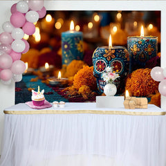 Lofaris Vibrant Mexican Fiesta Backdrop with Sugar Skull and Marigold Flowers, Festive Day of the Dead Party Decor for Celebration Photography
