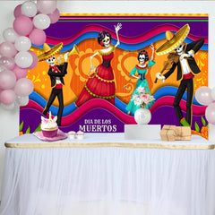 Lofaris Vibrant Day of the Dead Backdrop with Dancing Skeletons and Mariachi Music, Festive Mexican Fiesta Background for Holiday Party Decor.