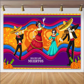 Lofaris Vibrant Day of the Dead Backdrop with Dancing Skeletons and Mariachi Music, Festive Mexican Fiesta Background for Holiday Party Decor.