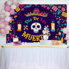 Lofaris Vibrant Dia De Los Muertos Backdrop with Sugar Skull, Colorful Flowers and Papel Picado, Festive Mexican Fiesta Decor for Party