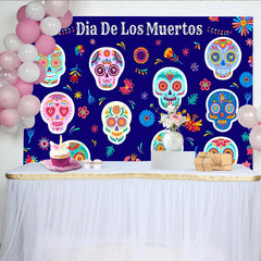 Lofaris Colorful Dia De Los Muertos Backdrop with Sugar Skulls and Floral Patterns, Mexican Fiesta Photography Background for Holiday