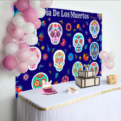 Lofaris Colorful Dia De Los Muertos Backdrop with Sugar Skulls and Floral Patterns, Mexican Fiesta Photography Background for Holiday