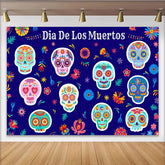 Lofaris Colorful Dia De Los Muertos Backdrop with Sugar Skulls and Floral Patterns, Mexican Fiesta Photography Background for Holiday